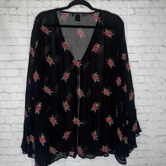 American Angel II Black Floral Sheer Kimono Cardigan Bell Sleeve Tie Front 3X - Picture 4 of 5